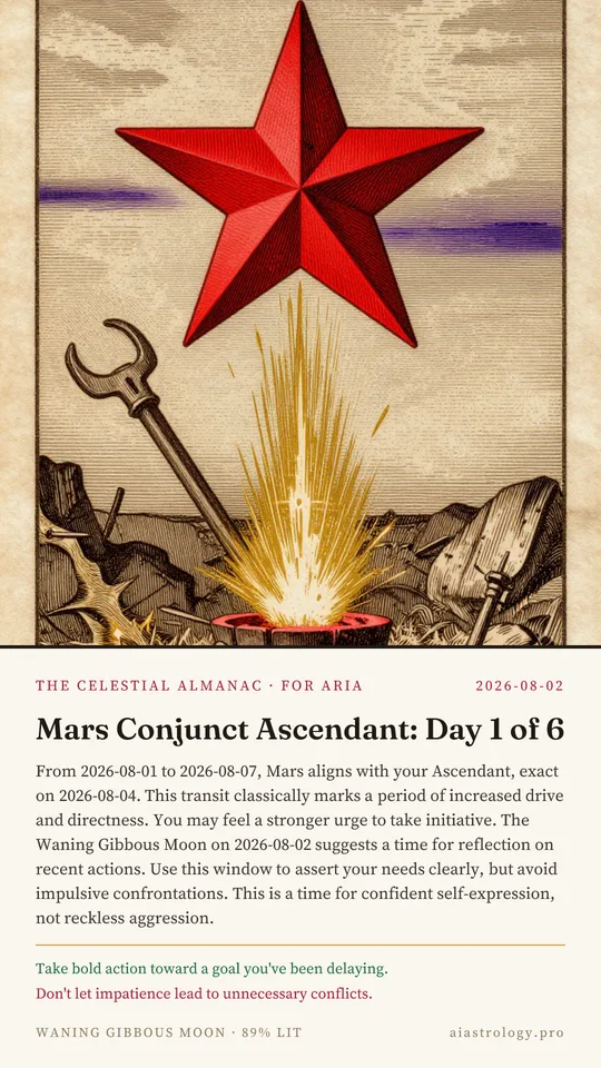An actual subscriber card — computed from a real chart's transits on the day it was made. Yours is drawn from your own sky.